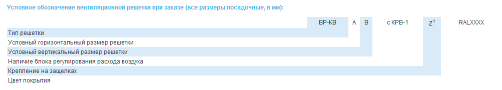 Условное обозначение вентиляционной решетки ВР-КВ с КРВ-1 при заказе