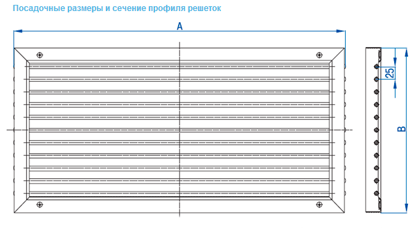 Габаритные размеры и сечение вентиляционной решетки ВР-НК